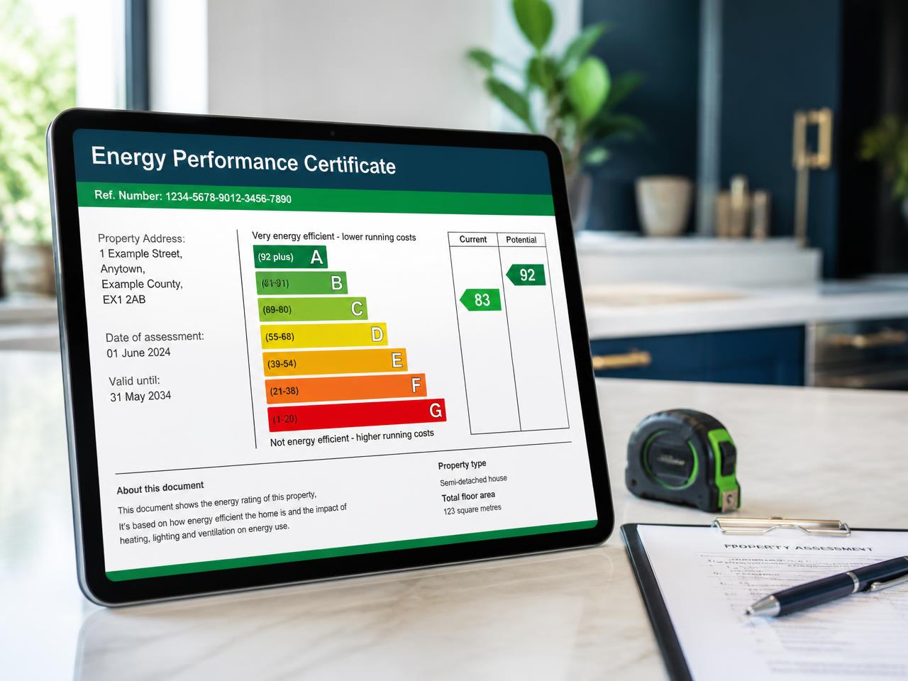 Energy performance certificate paperwork and A to G rating bands on a table