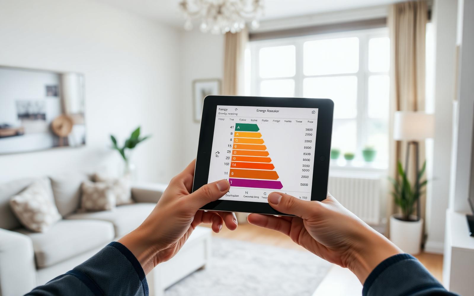 Energy assessor holding a tablet showing an A to G energy rating chart in a bright flat