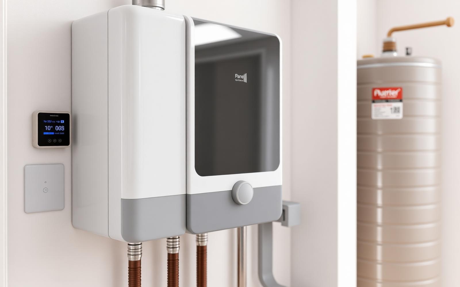 Modern combi boiler, heating control and insulated hot water cylinder in a utility space