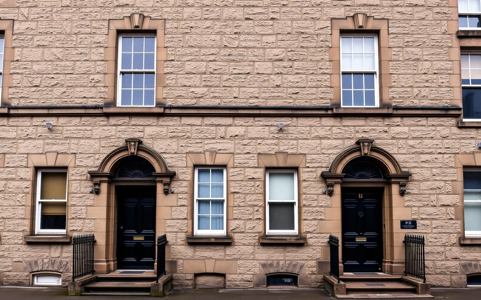 Two adjacent Edinburgh stone tenement entrances photographed straight on