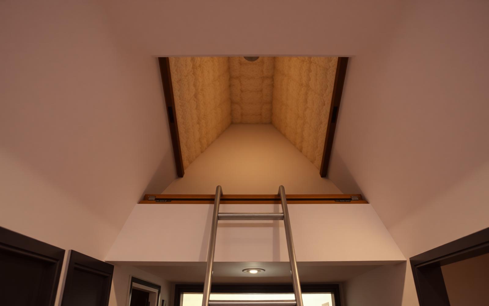 Open loft hatch with ladder showing mineral wool insulation in the roof space